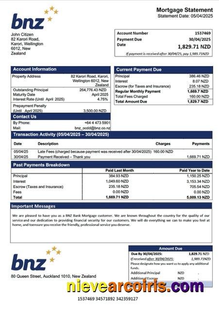 New Zealand BNZ Bank mortgage statement Word and PDF template